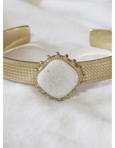 Brazalete Acero Dorado Piedra Cuadrada Blanca