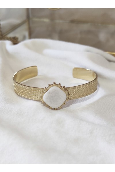 Brazalete Acero Dorado Piedra Cuadrada Blanca 2