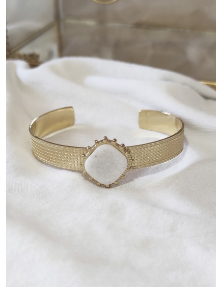 Brazalete Acero Dorado Piedra Cuadrada Blanca