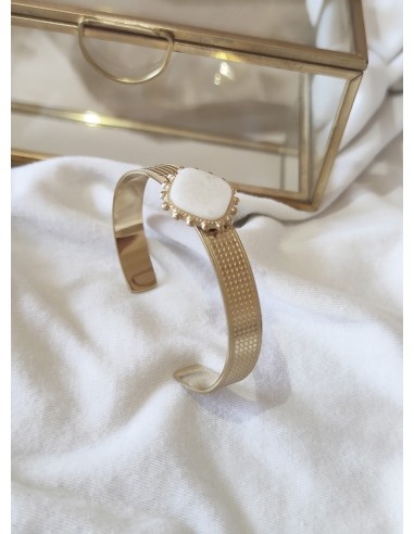 Brazalete Acero Dorado Piedra Cuadrada Blanca