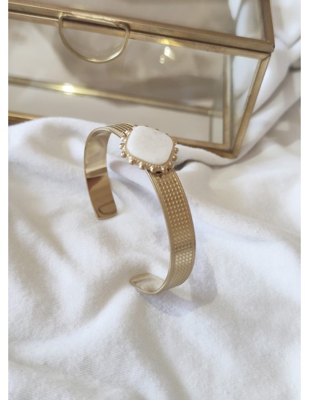 Brazalete Acero Dorado Piedra Cuadrada Blanca