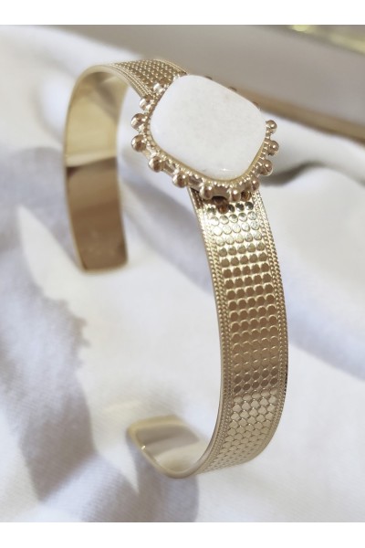 Brazalete Acero Dorado Piedra Cuadrada Blanca