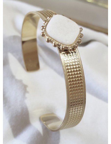 Brazalete Acero Dorado Piedra Cuadrada Blanca