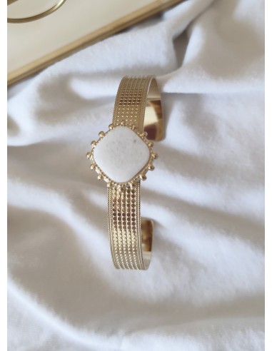 Brazalete Acero Dorado Piedra Cuadrada Blanca