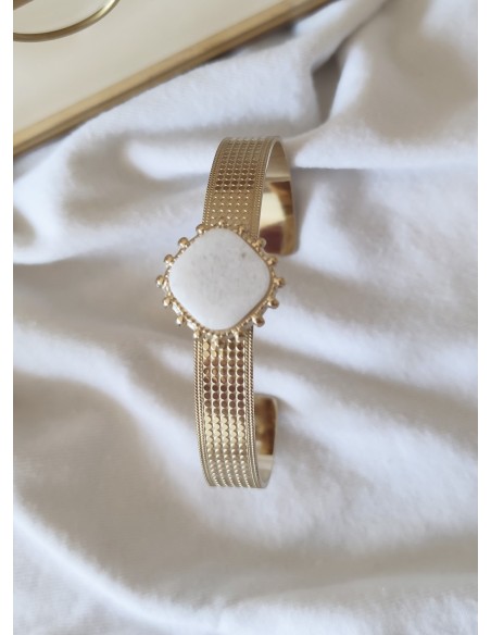 Brazalete Acero Dorado Piedra Cuadrada Blanca